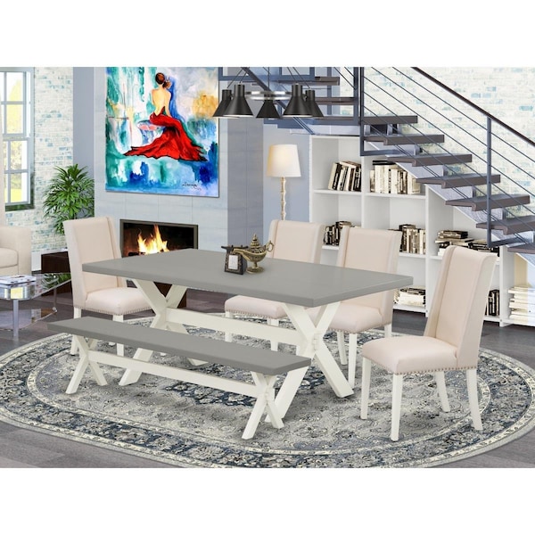 East West Furniture 6 Piece X-Style Amazing Dining Table Set - Linen White X097FL201-6 - main
